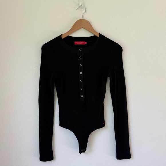 n: PHILANTHROPY Monty Waffle Snap Front Long Sleeve Bodysuit | Black Cat | Small - Picture 3 of 8